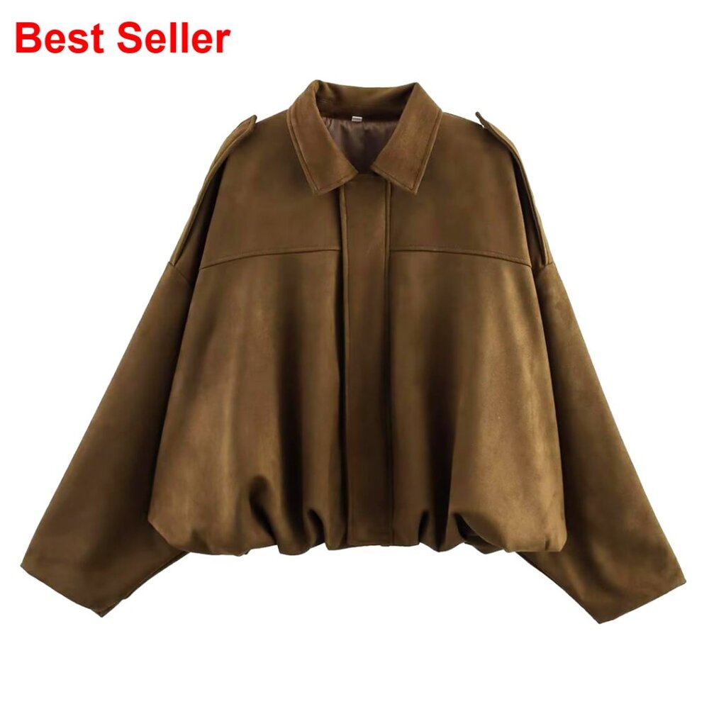 Faux Suede Bomber Jacket Oversized Streetwear Casual Long Sleeve - Picture 1 of 7